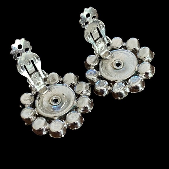 Vintage Clear Rhinestone Cluster Flower Silver Tone Clip Earrings Prong Set - Picture 3 of 5